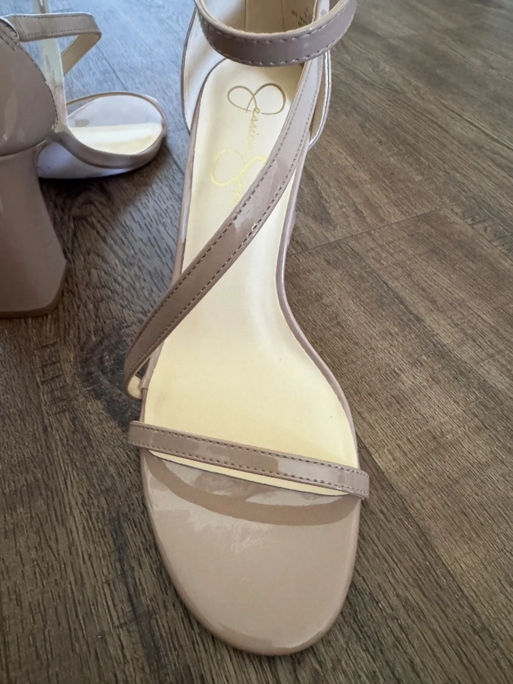 Jessica Simpson Nude Patent Crisscross Ankle Strap Block Heels